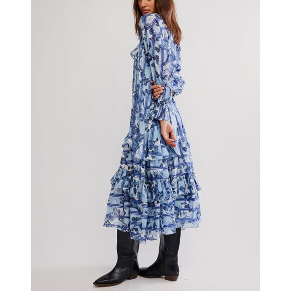 🆕 FREE PEOPLE Garden Wonders Maxi Dress / Blue Combo - Picture 2 of 10